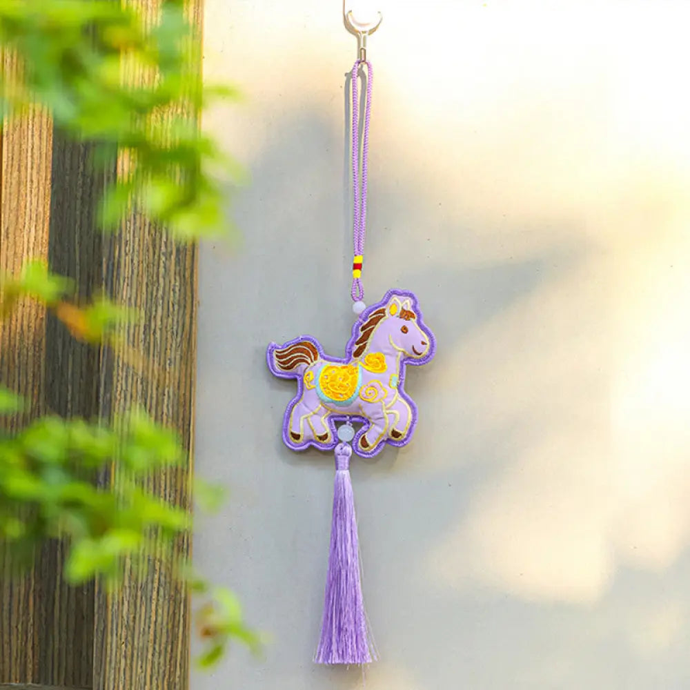 Buddha Stones Year Of The Horse Embroidery Copper Coins Bell Charm Tassel Wealth Success Hanging Decoration - Purple