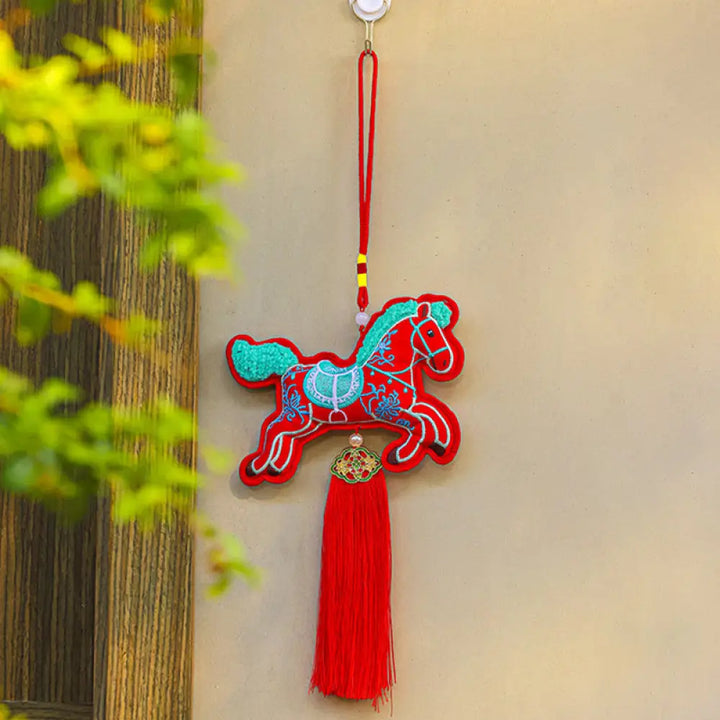 Buddha Stones Year Of The Horse Embroidery Copper Coins Bell Charm Tassel Wealth Success Hanging Decoration - Red