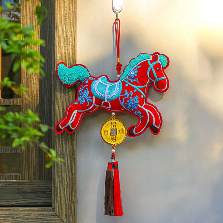 Buddha Stones Year Of The Horse Embroidery Copper Coins Bell Charm Tassel Wealth Success Hanging Decoration - Red