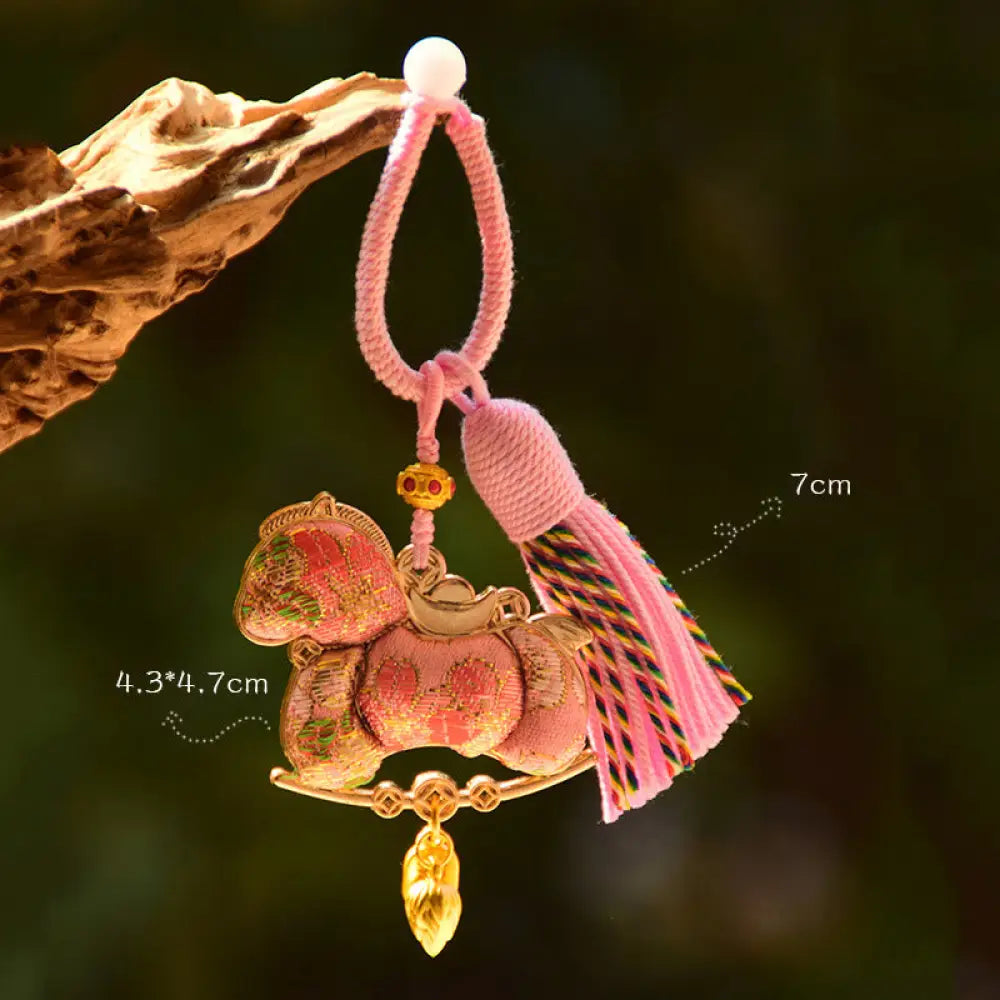 Buddha Stones Year Of The Horse Embroidery Freedom Key Chain - Pink Horse(Size: 43*47mm) - Key Chain