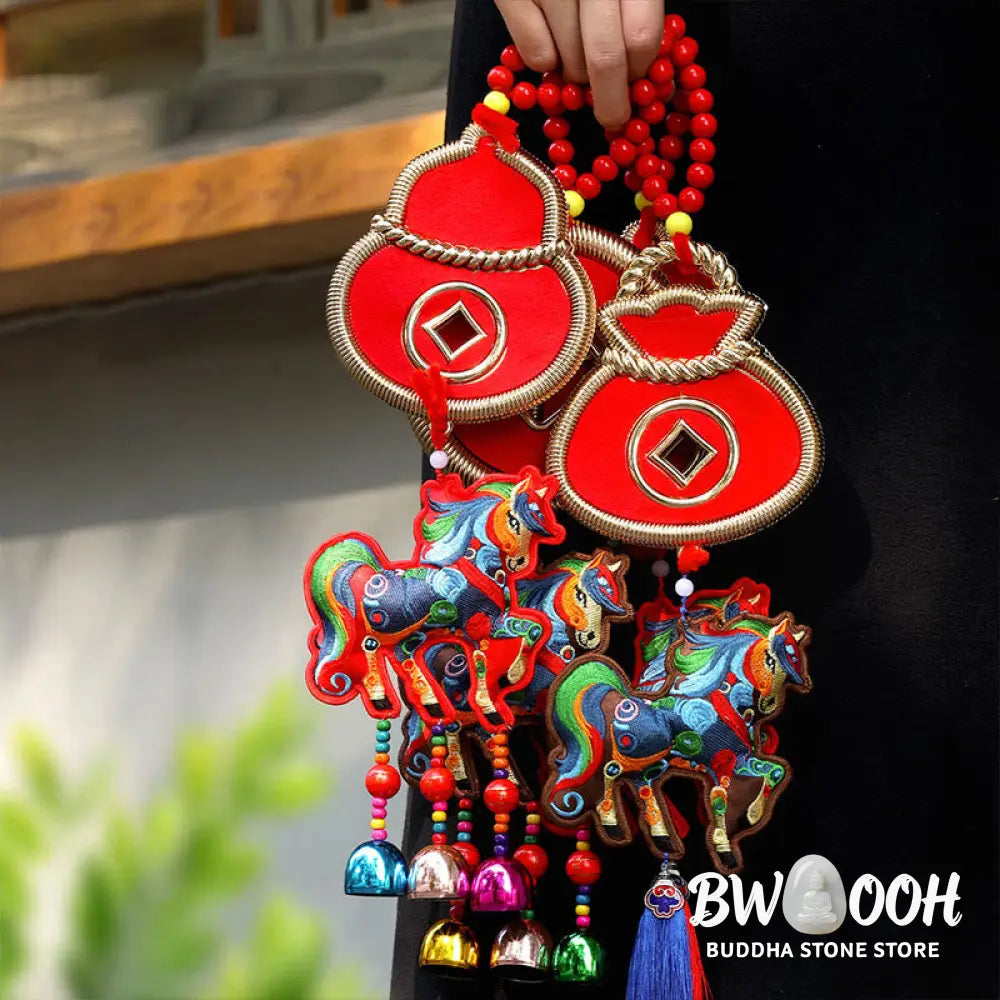 Buddha Stones Year Of The Horse Embroidery Money Bag Gourd Copper Coins Bell Charm Success Hanging Decoration - Hanging