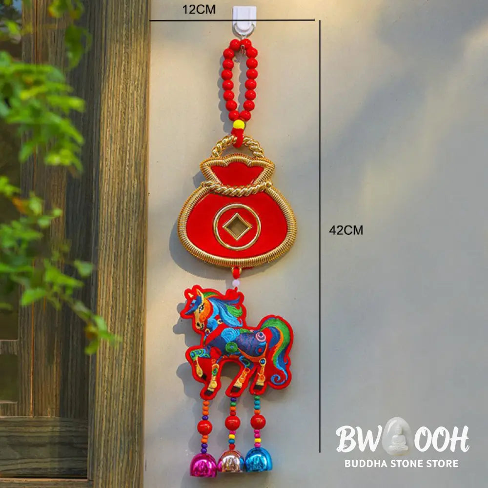 Buddha Stones Year Of The Horse Embroidery Money Bag Gourd Copper Coins Bell Charm Success Hanging Decoration - Hanging
