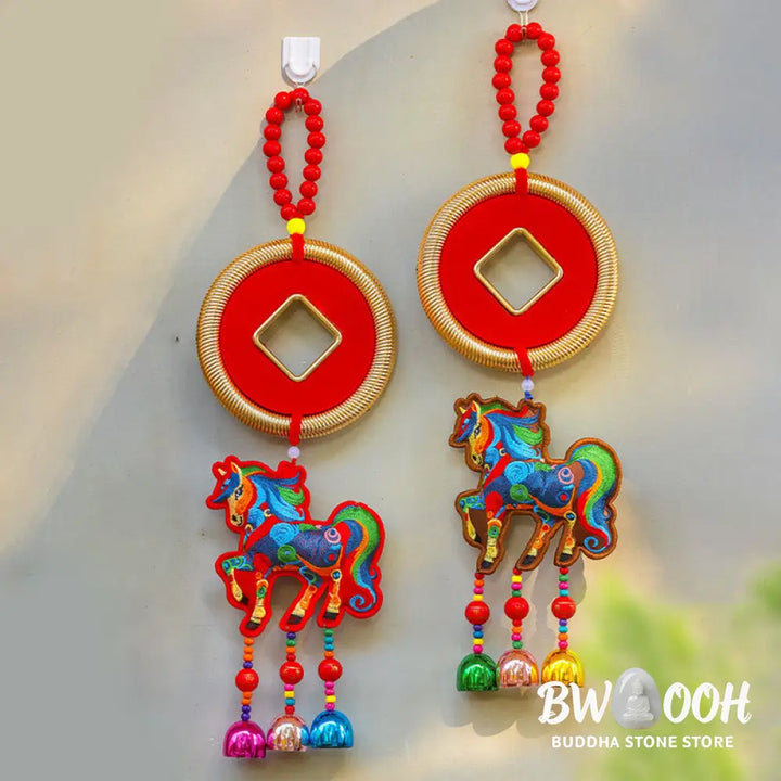 Buddha Stones Year Of The Horse Embroidery Money Bag Gourd Copper Coins Bell Charm Success Hanging Decoration - Hanging