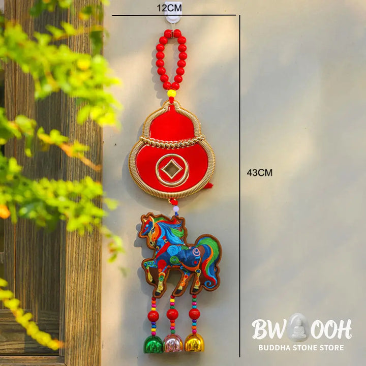 Buddha Stones Year Of The Horse Embroidery Money Bag Gourd Copper Coins Bell Charm Success Hanging Decoration - Hanging