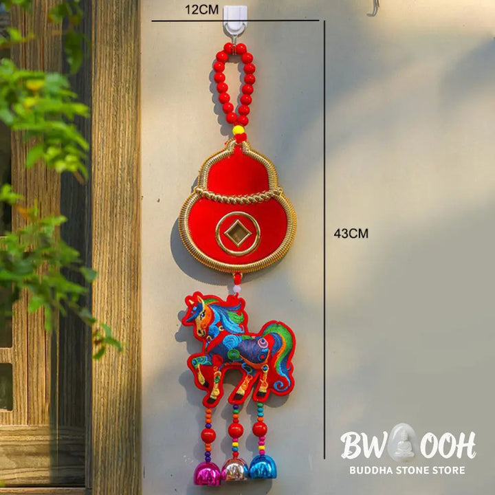Buddha Stones Year Of The Horse Embroidery Money Bag Gourd Copper Coins Bell Charm Success Hanging Decoration - Hanging