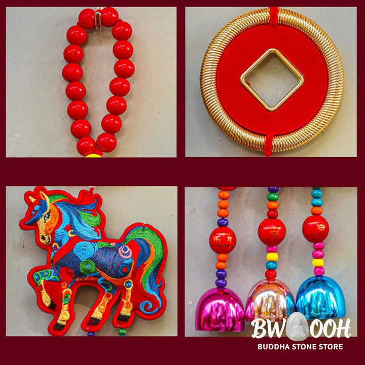 Buddha Stones Year Of The Horse Embroidery Money Bag Gourd Copper Coins Bell Charm Success Hanging Decoration - Hanging