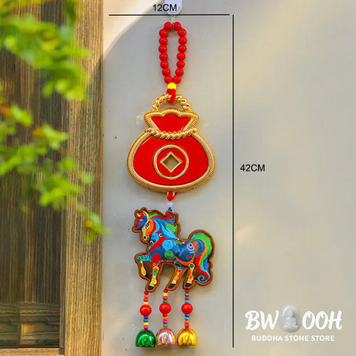 Buddha Stones Year Of The Horse Embroidery Money Bag Gourd Copper Coins Bell Charm Success Hanging Decoration - Hanging
