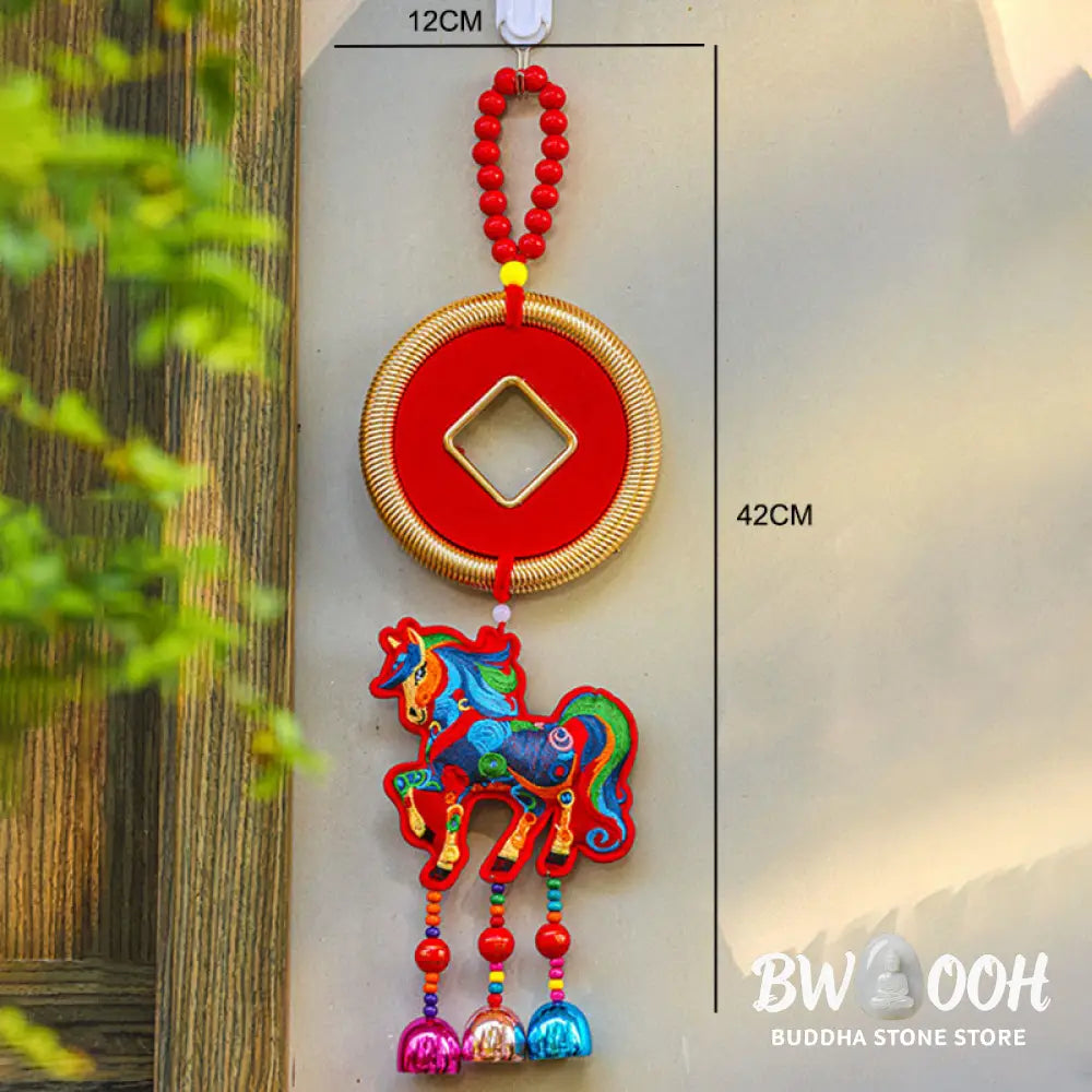 Buddha Stones Year Of The Horse Embroidery Money Bag Gourd Copper Coins Bell Charm Success Hanging Decoration - Hanging