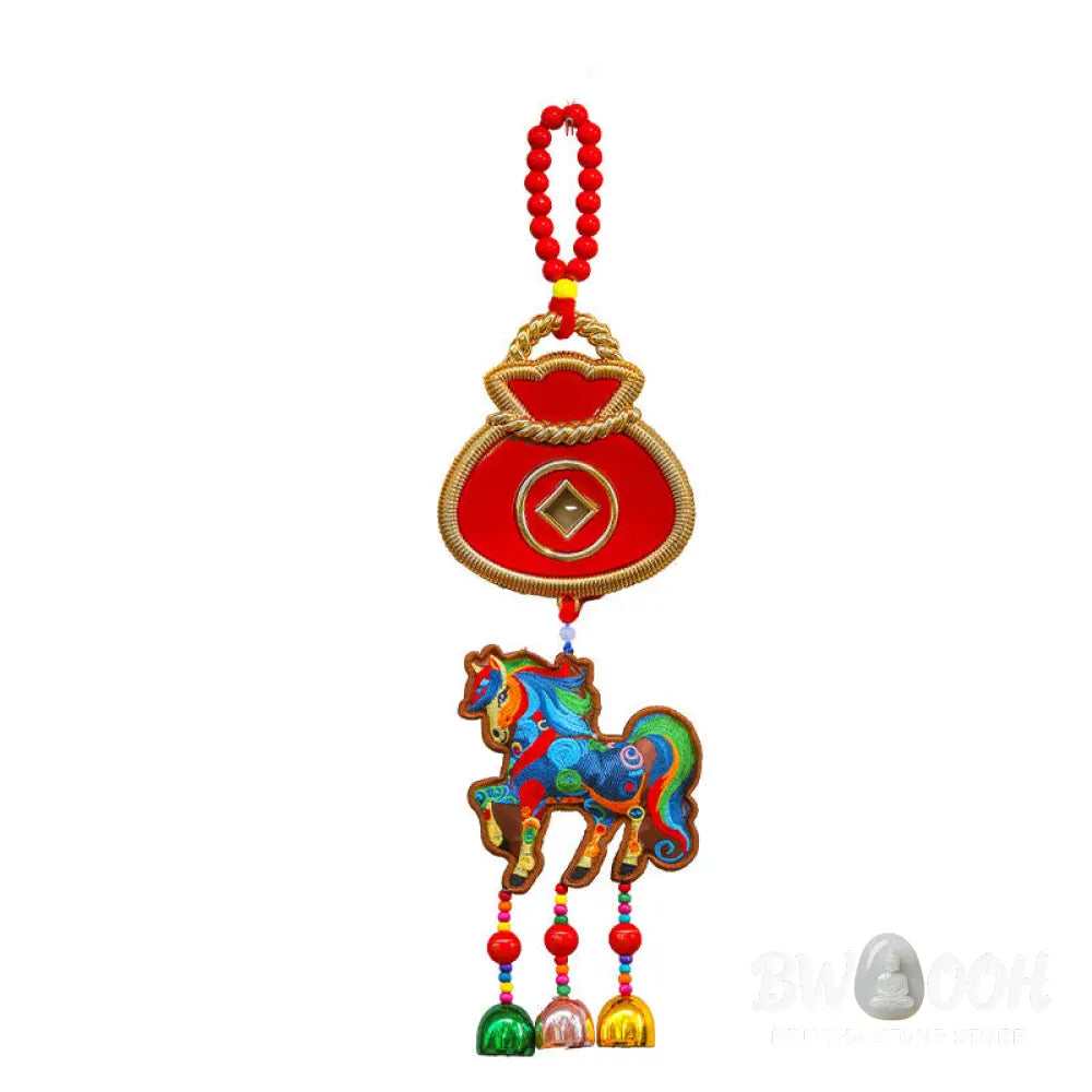 Buddha Stones Year Of The Horse Embroidery Money Bag Gourd Copper Coins Bell Charm Success Hanging Decoration - Hanging