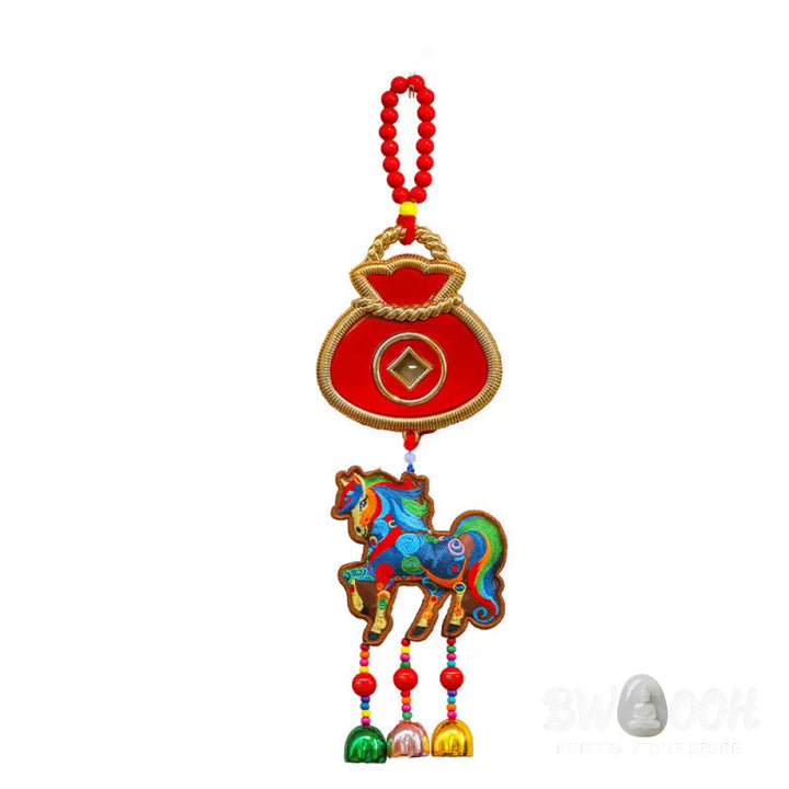 Buddha Stones Year Of The Horse Embroidery Money Bag Gourd Copper Coins Bell Charm Success Hanging Decoration - Hanging