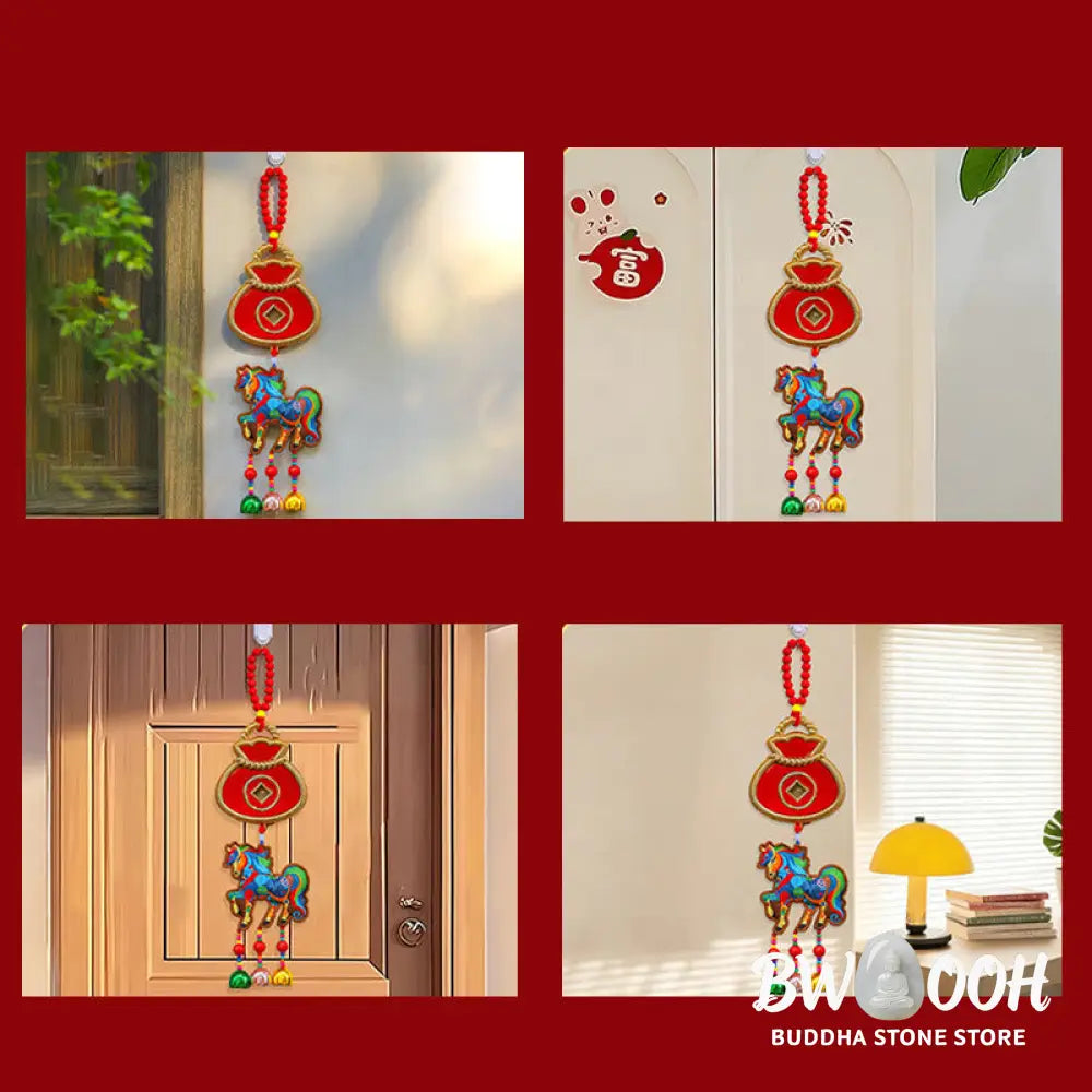 Buddha Stones Year Of The Horse Embroidery Money Bag Gourd Copper Coins Bell Charm Success Hanging Decoration - Hanging