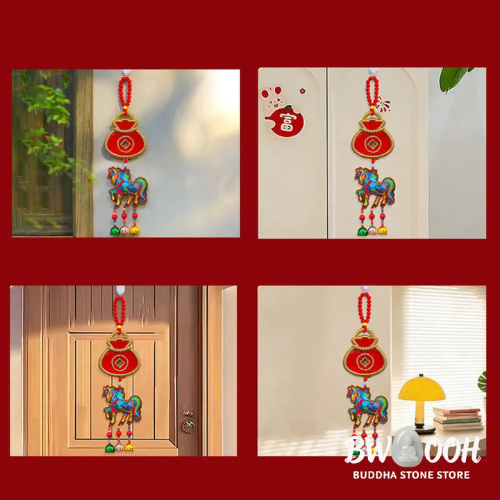 Buddha Stones Year Of The Horse Embroidery Money Bag Gourd Copper Coins Bell Charm Success Hanging Decoration - Hanging