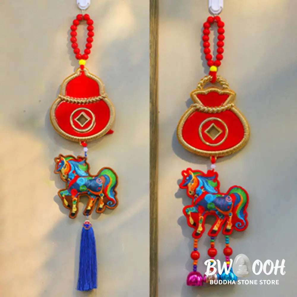 Buddha Stones Year Of The Horse Embroidery Money Bag Gourd Copper Coins Bell Charm Success Hanging Decoration - Hanging