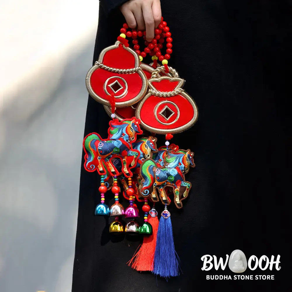 Buddha Stones Year Of The Horse Embroidery Money Bag Gourd Copper Coins Bell Charm Success Hanging Decoration - Hanging