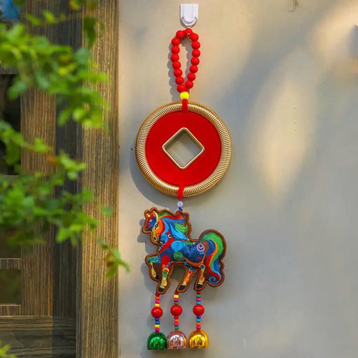 Buddha Stones Year Of The Horse Embroidery Money Bag Gourd Copper Coins Bell Charm Success Hanging Decoration - Brown