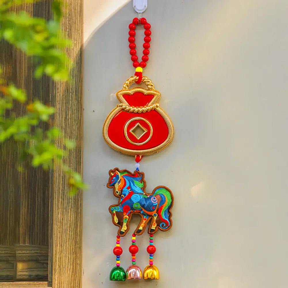 Buddha Stones Year Of The Horse Embroidery Money Bag Gourd Copper Coins Bell Charm Success Hanging Decoration - Brown
