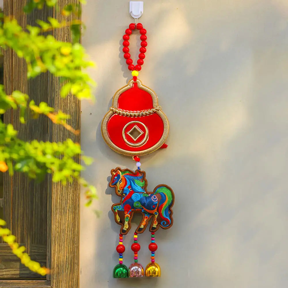 Buddha Stones Year Of The Horse Embroidery Money Bag Gourd Copper Coins Bell Charm Success Hanging Decoration - Brown