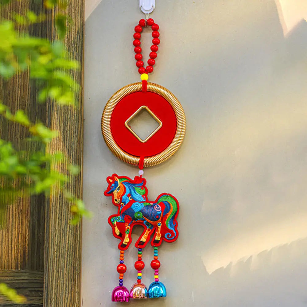 Buddha Stones Year Of The Horse Embroidery Money Bag Gourd Copper Coins Bell Charm Success Hanging Decoration - Red