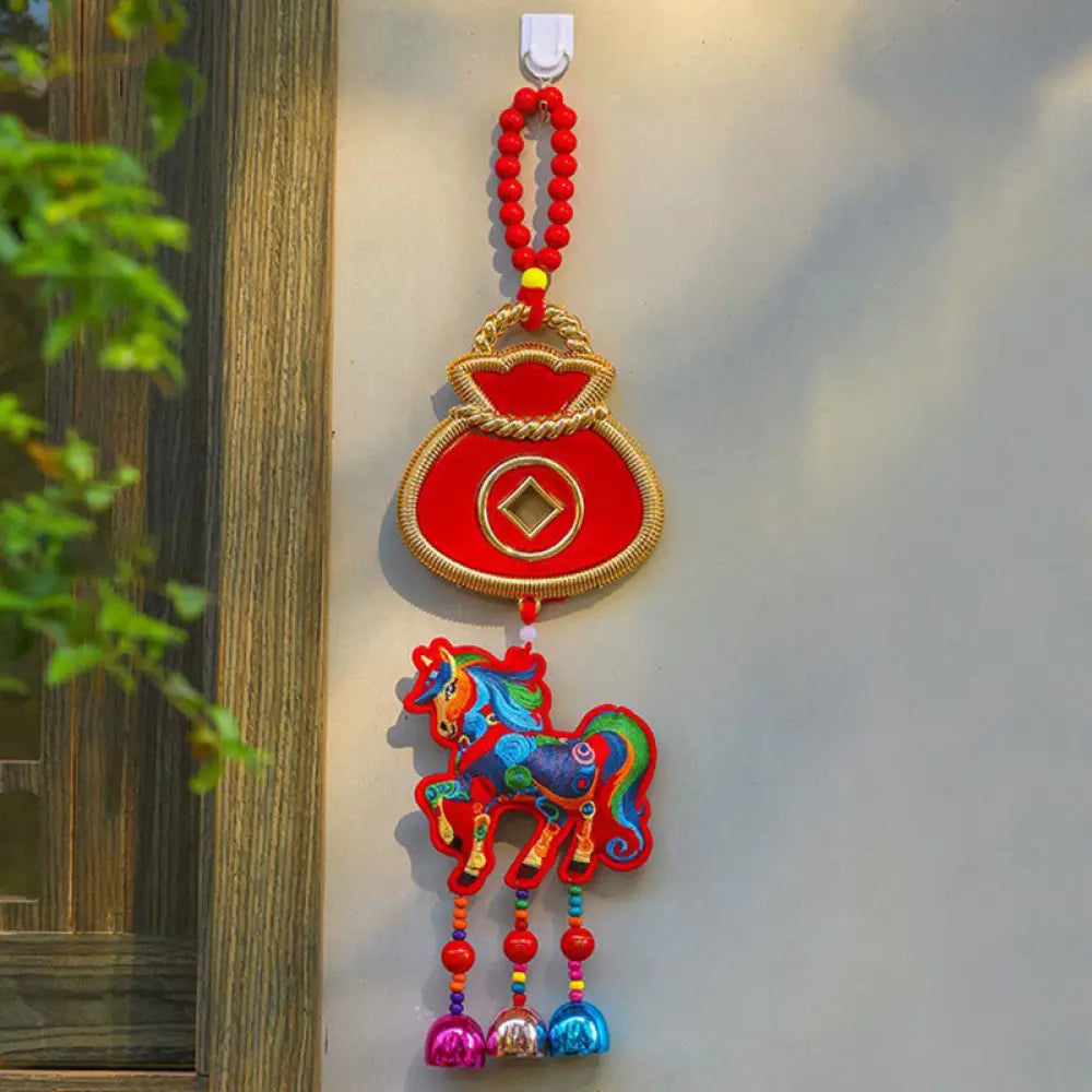 Buddha Stones Year Of The Horse Embroidery Money Bag Gourd Copper Coins Bell Charm Success Hanging Decoration - Red