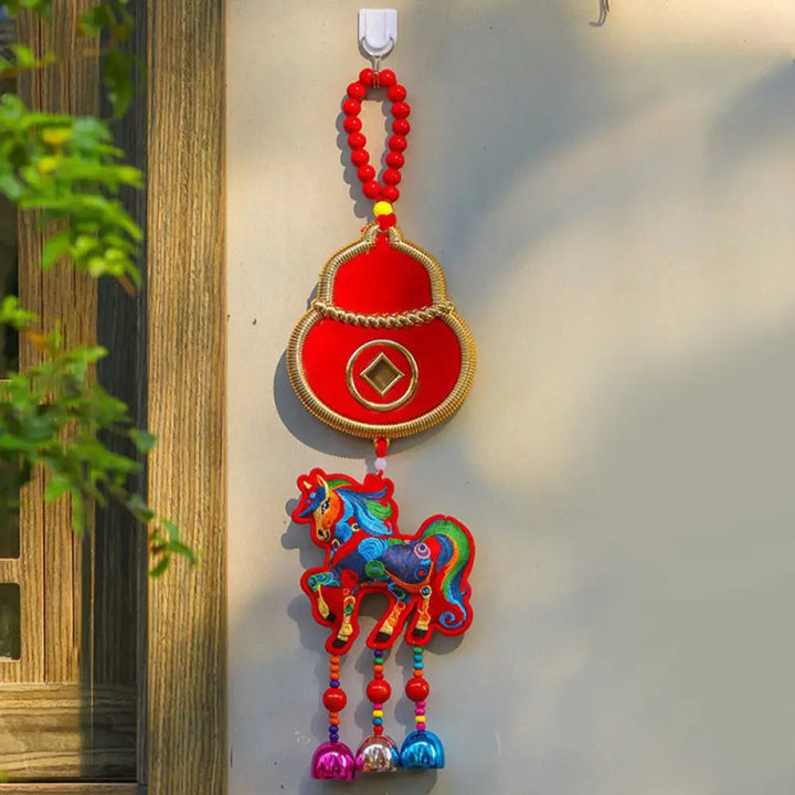 Buddha Stones Year Of The Horse Embroidery Money Bag Gourd Copper Coins Bell Charm Success Hanging Decoration - Red