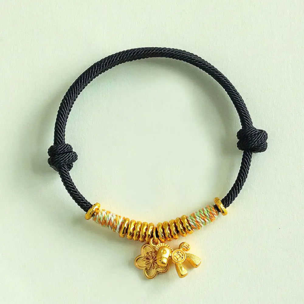 Buddha Stones Year Of The Horse Flower Charm Red String Connection Handmade Bracelet - Black String(Wrist