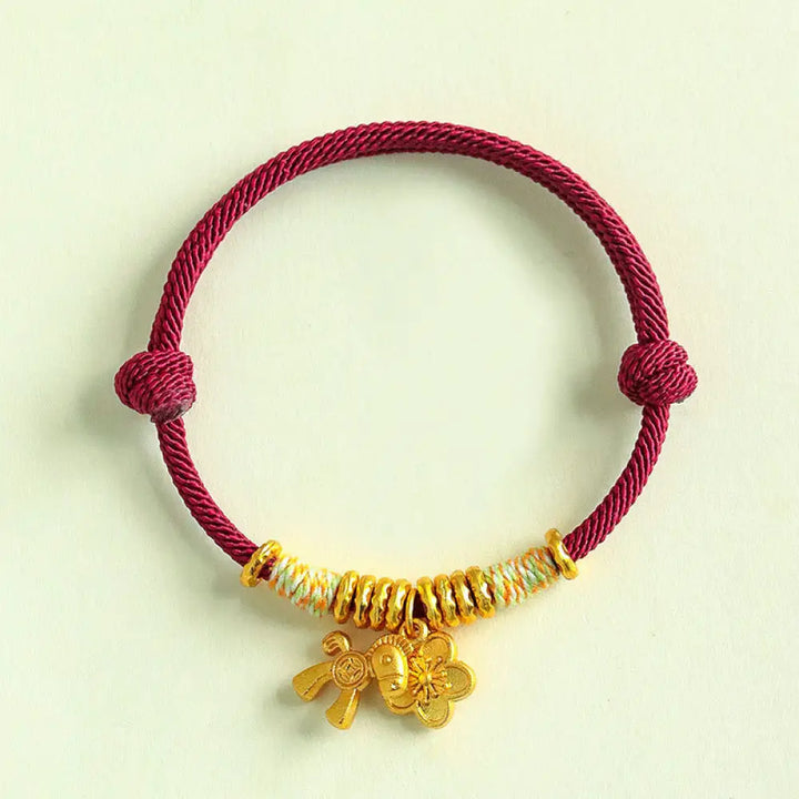 Buddha Stones Year Of The Horse Flower Charm Red String Connection Handmade Bracelet - DarkRed String(Wrist