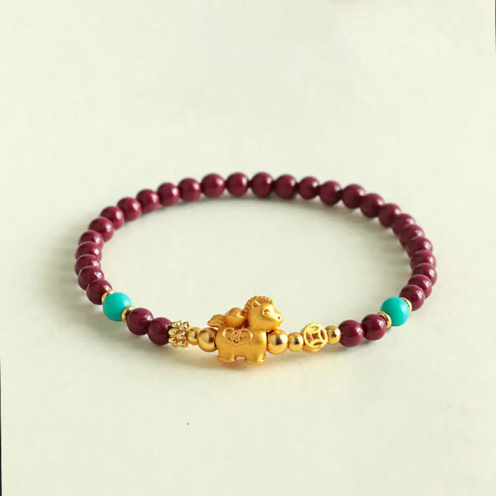 Buddha Stones Year Of The Horse Fu Character Cinnabar Calm Bracelet - Ingot Horse(Wrist Circumference: 14-15 cm)