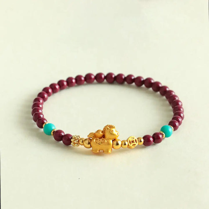 Buddha Stones Year Of The Horse Fu Character Cinnabar Calm Bracelet - Ingot Horse(Wrist Circumference: 14-15 cm)