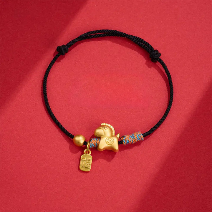 Buddha Stones Year Of The Horse Fu Character Handwoven String Luck Connection Bracelet - Black Rope(Wrist
