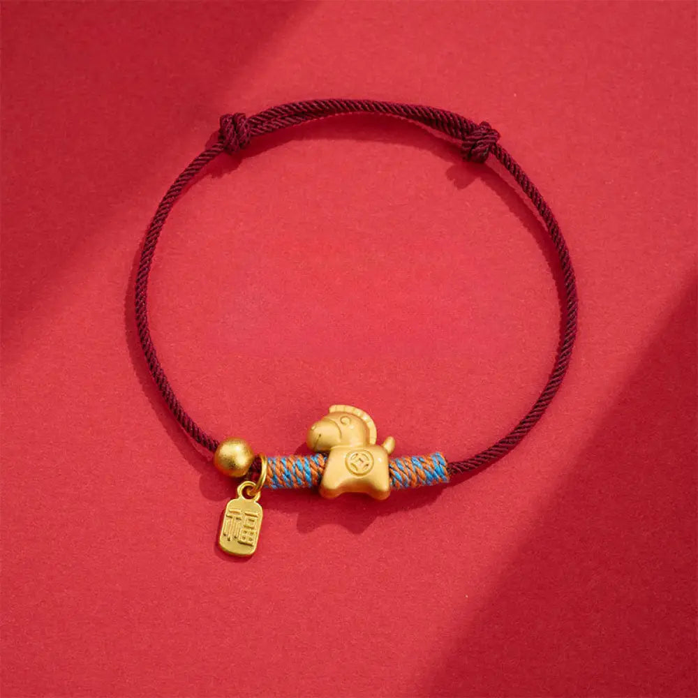 Buddha Stones Year Of The Horse Fu Character Handwoven String Luck Connection Bracelet - Darkred Rope(Wrist