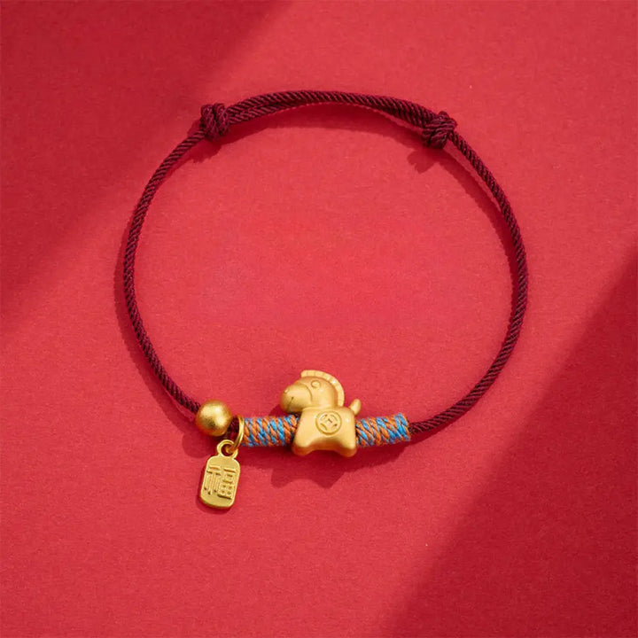 Buddha Stones Year Of The Horse Fu Character Handwoven String Luck Connection Bracelet - Darkred Rope(Wrist