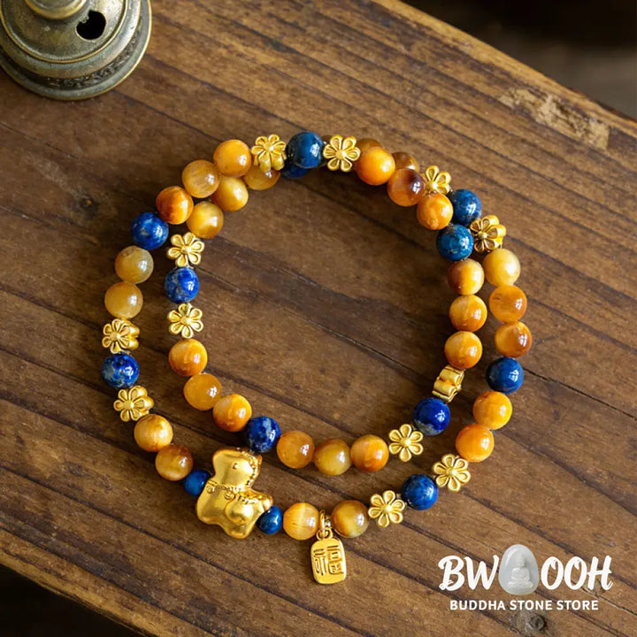 Buddha Stones Year Of The Horse Fu Character Lazurite Lapis Lazuli Tiger Eye Serenity Double Wrap Bracelet - Lazurite
