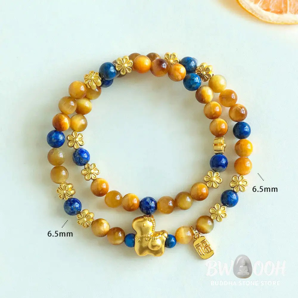 Buddha Stones Year Of The Horse Fu Character Lazurite Lapis Lazuli Tiger Eye Serenity Double Wrap Bracelet - Lazurite