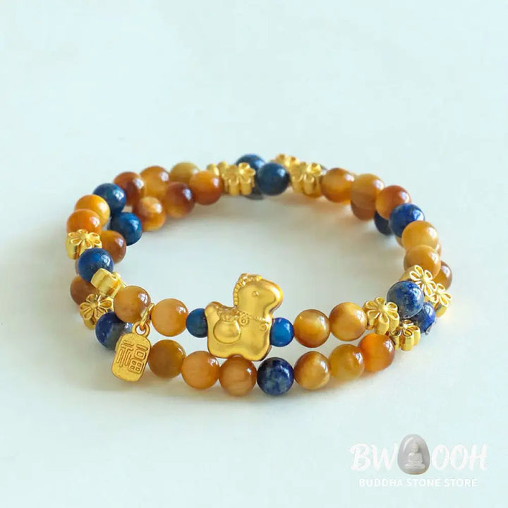 Buddha Stones Year Of The Horse Fu Character Lazurite Lapis Lazuli Tiger Eye Serenity Double Wrap Bracelet - Lazurite