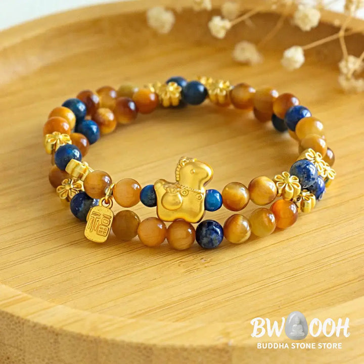 Buddha Stones Year Of The Horse Fu Character Lazurite Lapis Lazuli Tiger Eye Serenity Double Wrap Bracelet - Lazurite