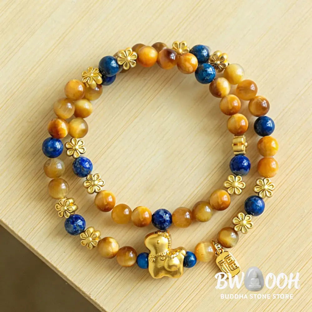 Buddha Stones Year Of The Horse Fu Character Lazurite Lapis Lazuli Tiger Eye Serenity Double Wrap Bracelet - Lazurite