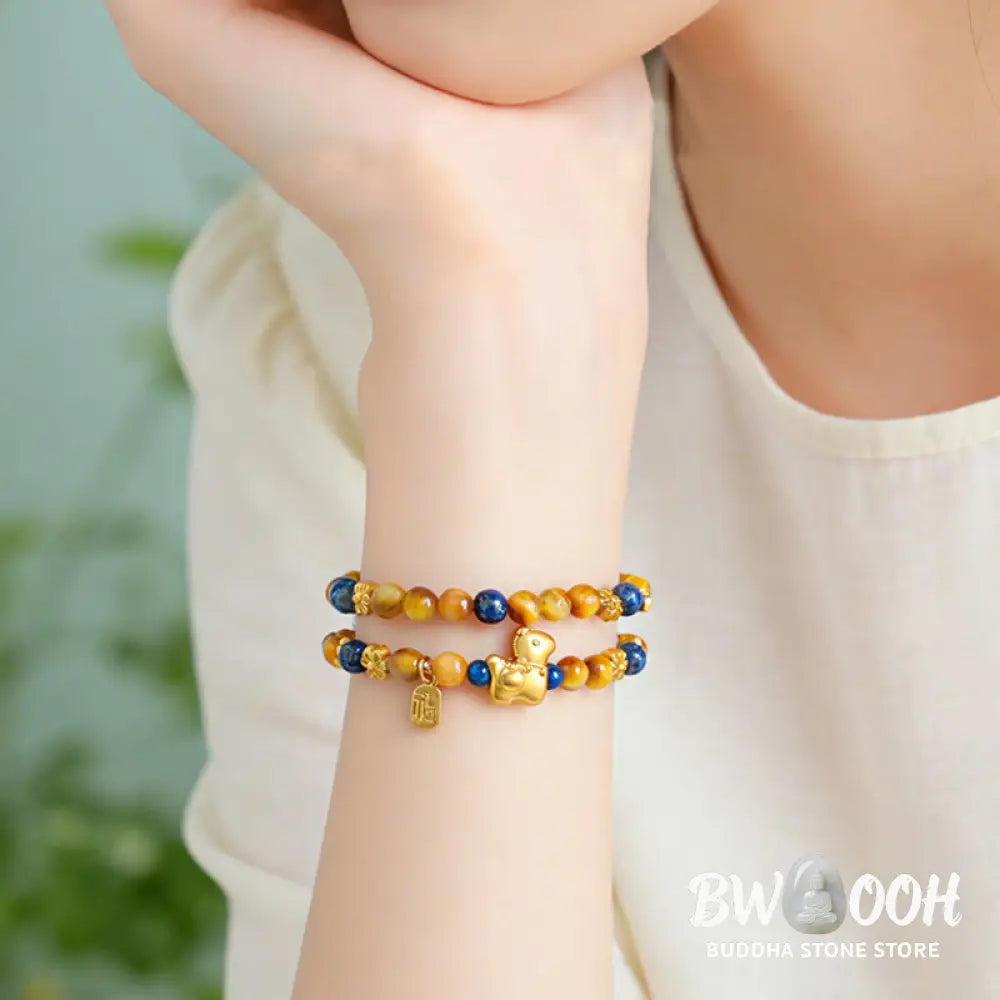 Buddha Stones Year Of The Horse Fu Character Lazurite Lapis Lazuli Tiger Eye Serenity Double Wrap Bracelet - Lazurite