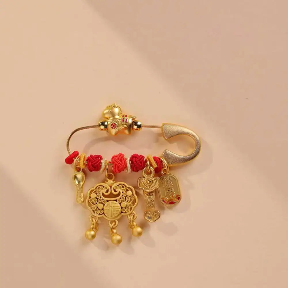 Buddha Stones Year Of The Horse Fu Character Longevity Lock Ruyi Handle Luck Brooch - Longevity Lock Ruyi Healthy Horse