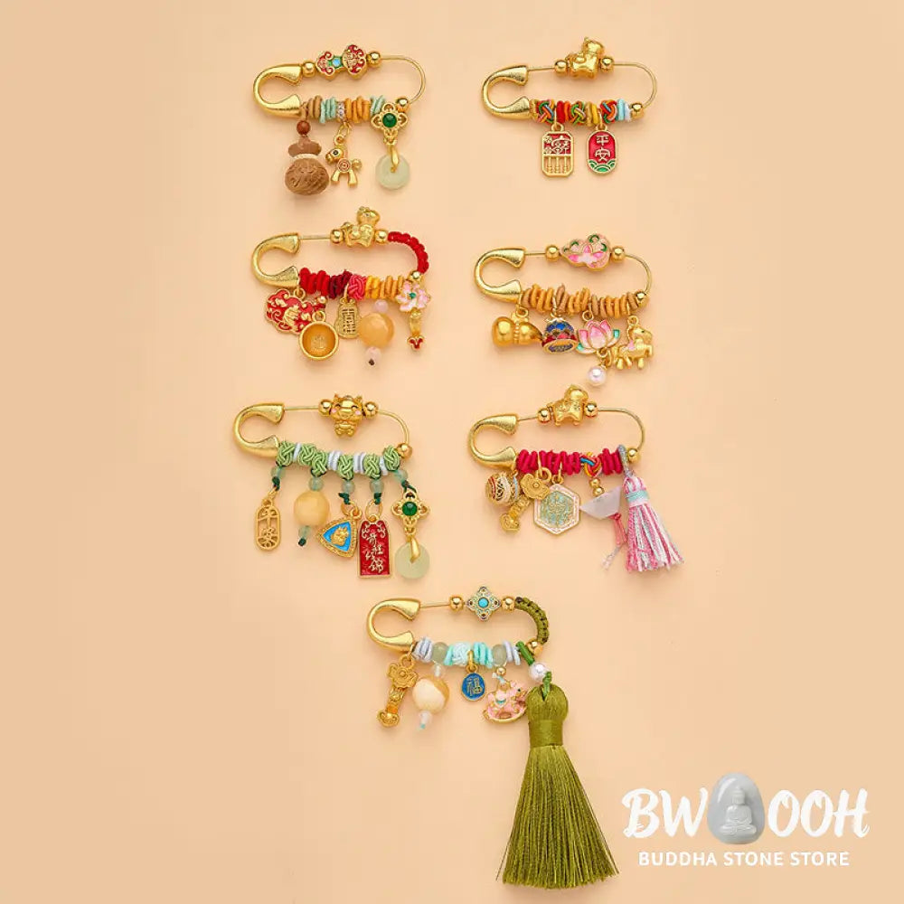 Buddha Stones Year Of The Horse Fu Character Lotus Attract Fortune Ruyi Handle Peace Buckle Luck Brooch - Brooch