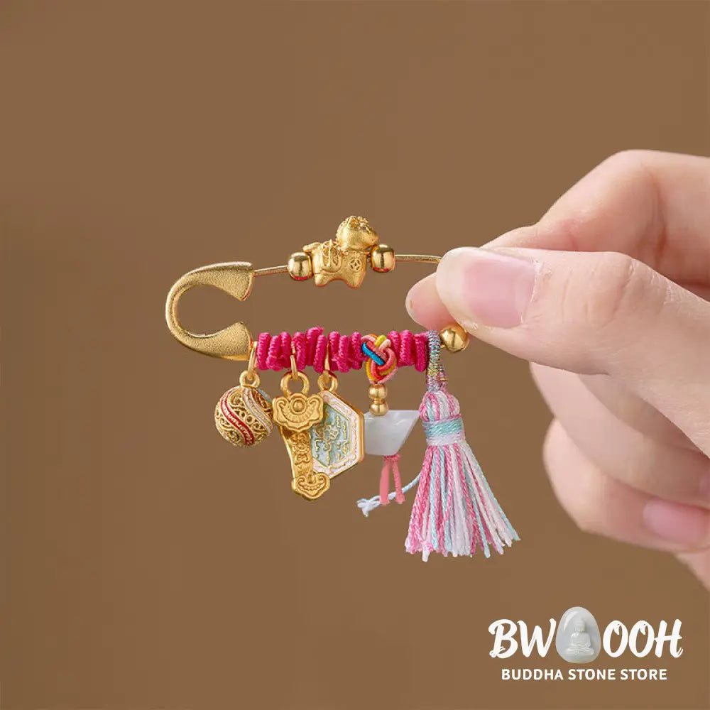 Buddha Stones Year Of The Horse Fu Character Lotus Attract Fortune Ruyi Handle Peace Buckle Luck Brooch - Brooch