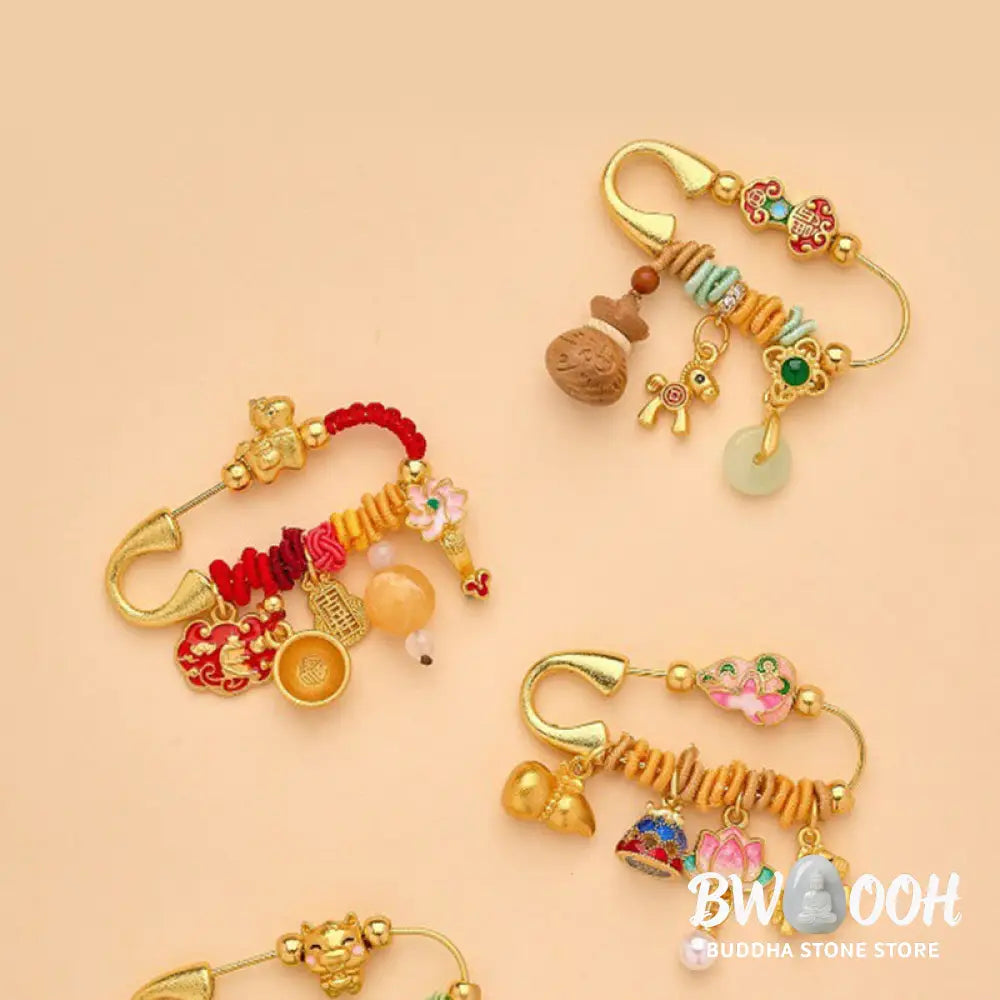 Buddha Stones Year Of The Horse Fu Character Lotus Attract Fortune Ruyi Handle Peace Buckle Luck Brooch - Brooch
