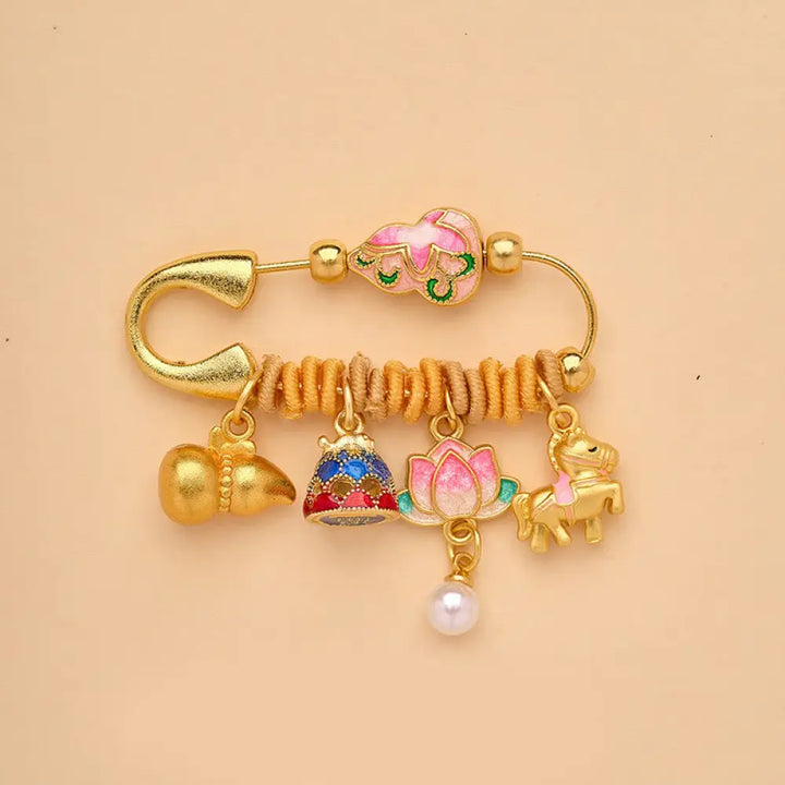 Buddha Stones Year Of The Horse Fu Character Lotus Attract Fortune Ruyi Handle Peace Buckle Luck Brooch - Lotus Gourd