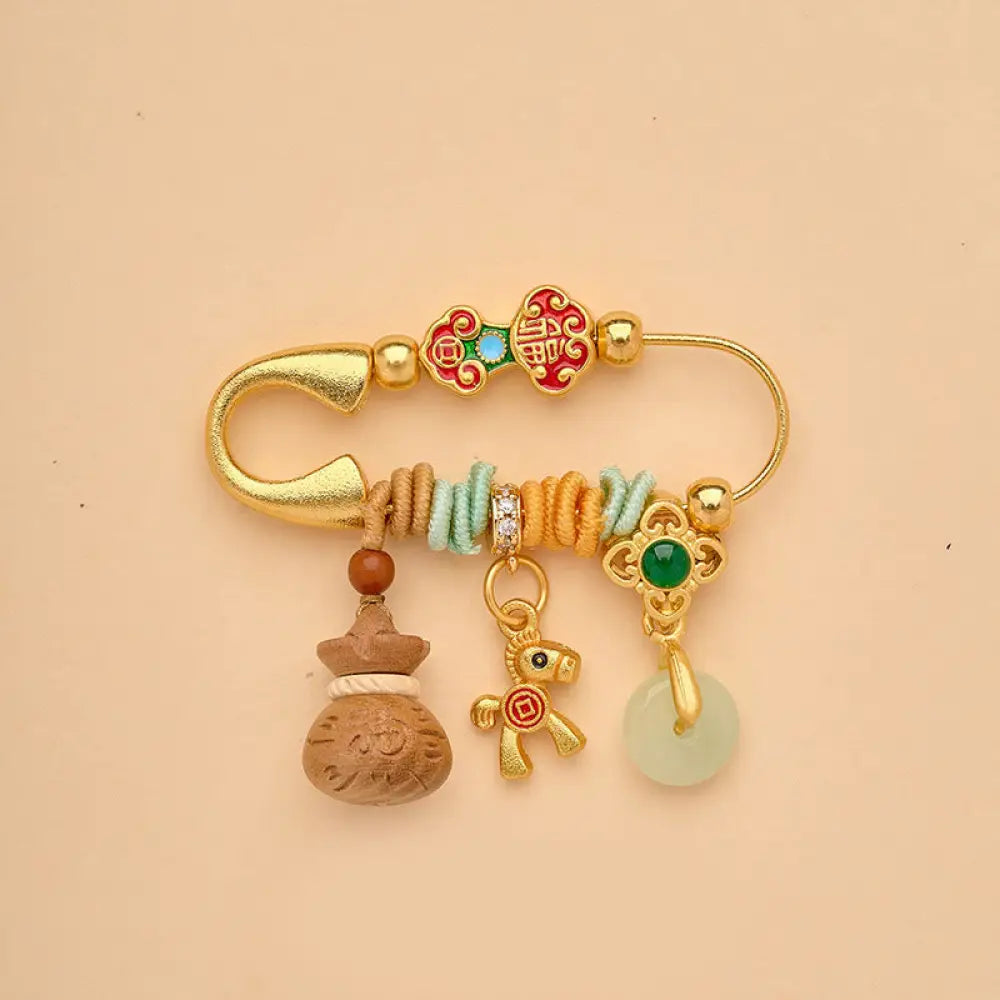 Buddha Stones Year Of The Horse Fu Character Lotus Attract Fortune Ruyi Handle Peace Buckle Luck Brooch - Gourd Peace