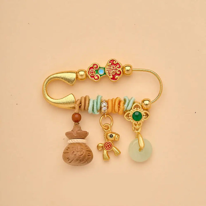 Buddha Stones Year Of The Horse Fu Character Lotus Attract Fortune Ruyi Handle Peace Buckle Luck Brooch - Gourd Peace