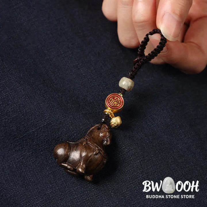 Buddha Stones Year Of The Horse Fu Character Small Leaf Red Sandalwood Various Sandalwood Balance Key Chain - Key Chain
