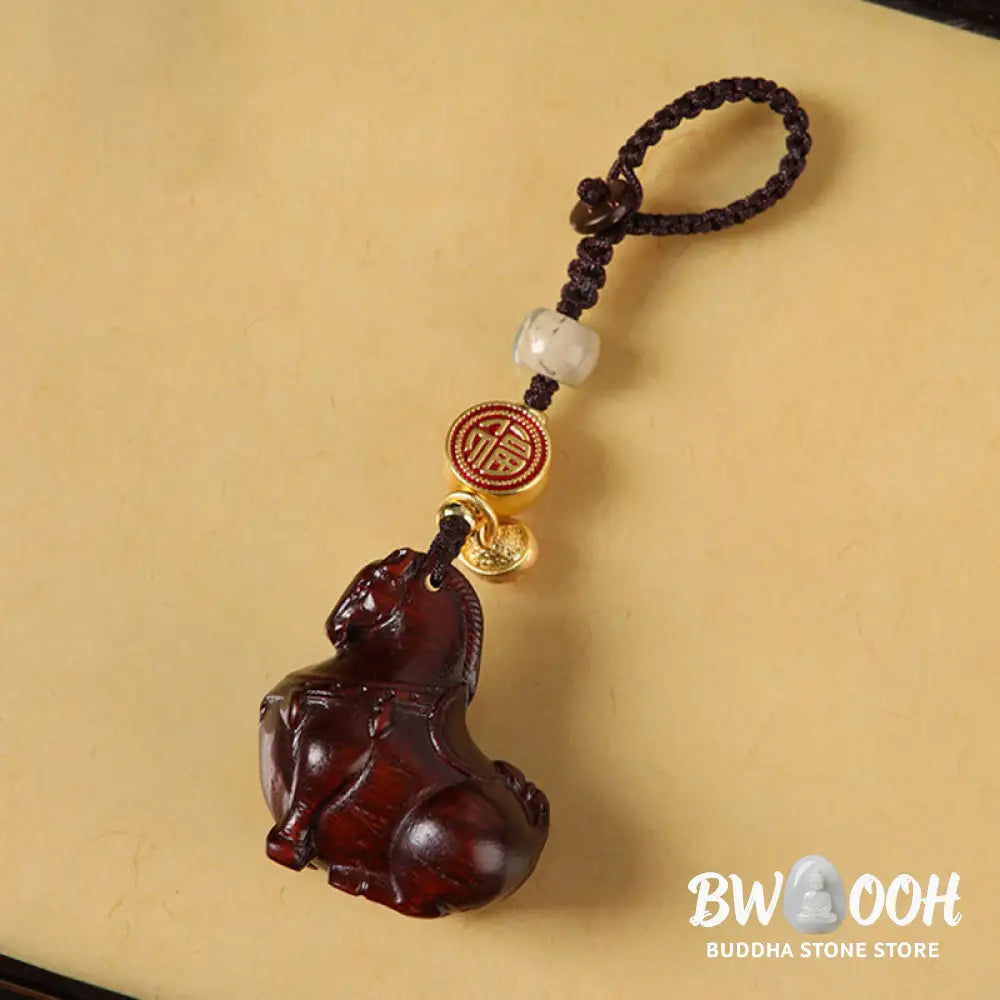 Buddha Stones Year Of The Horse Fu Character Small Leaf Red Sandalwood Various Sandalwood Balance Key Chain - Key Chain
