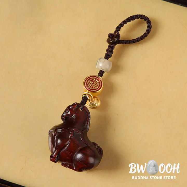 Buddha Stones Year Of The Horse Fu Character Small Leaf Red Sandalwood Various Sandalwood Balance Key Chain - Key Chain
