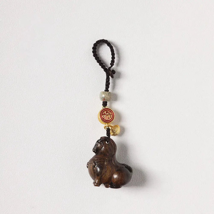 Buddha Stones Year Of The Horse Fu Character Small Leaf Red Sandalwood Various Sandalwood Balance Key Chain - Ebony