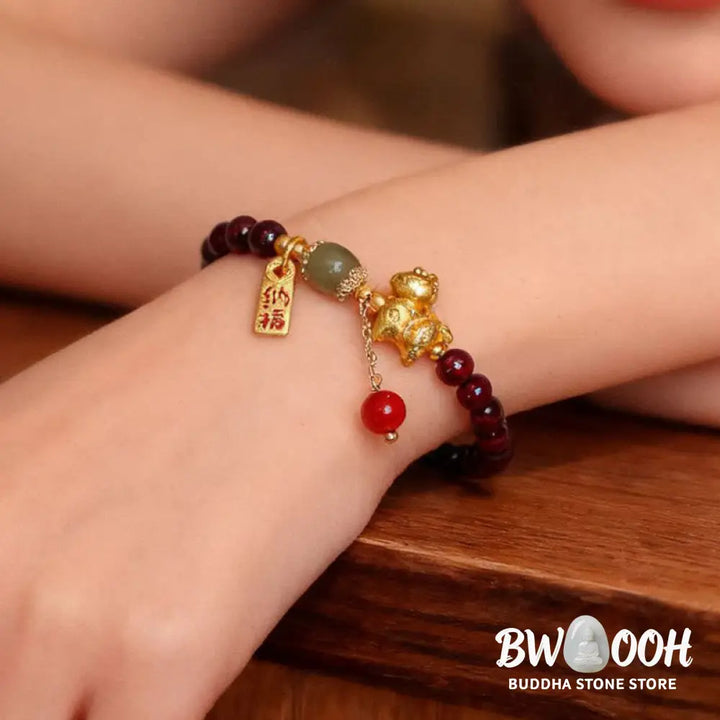 Buddha Stones Year Of The Horse Garnet Fu Character Lucky Fortune Charm Protection Bracelet - Bracelet
