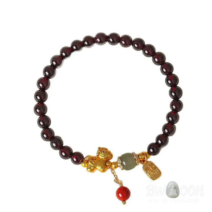 Buddha Stones Year Of The Horse Garnet Fu Character Lucky Fortune Charm Protection Bracelet - Bracelet
